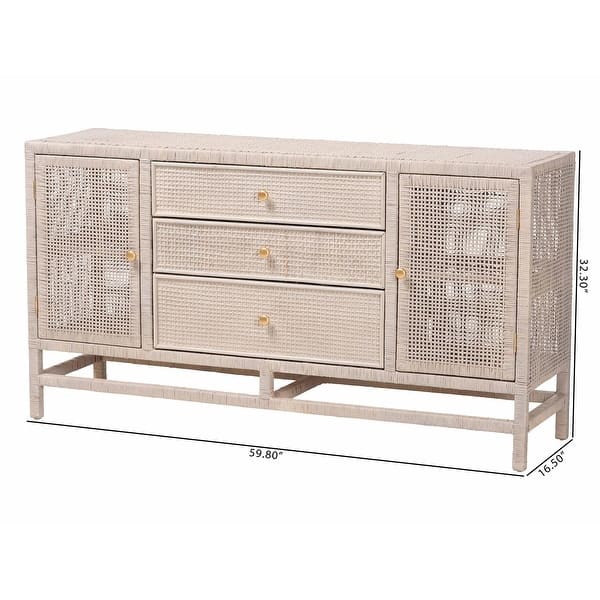 dimension image slide 0 of 2, Vivan Natural Rattan Storage Cabinet - 3-Drawer Handwoven Wicker Accent Cabinet with Interior Shelving and Elevated Base