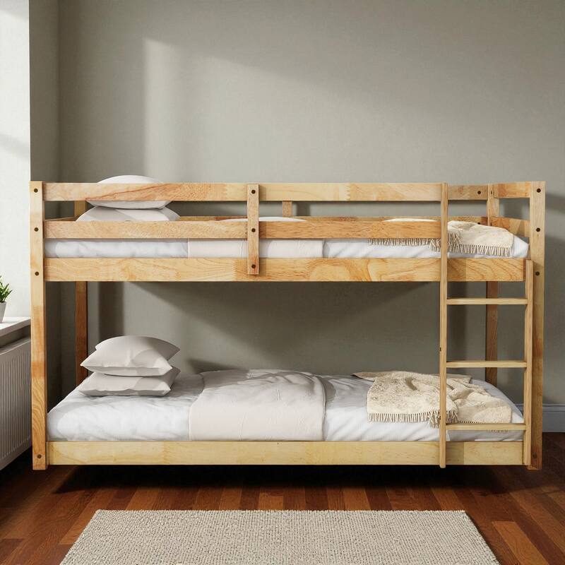 Solid Rubber Wood Twin Over Twin Floor Bunk Bed with Ladder, Low Height Design and Strengthened Slat Support - Natural - Twin