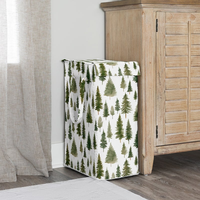 Sweet Jojo Designs Sage Green Woodland Boy, Girl, Gender Neutral Foldable Laundry Hamper with Handles - Forest Themed, Pine Tree