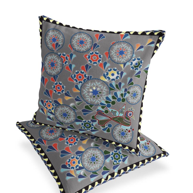 HomeRoots Set of Two 16" X 16" Gray and Yellow Peacock Blown Seam Floral Indoor Outdoor Throw Pillow - 16.00' X '16.00' X '5.00