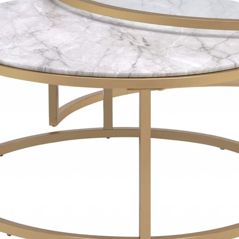 Set of 2 Round Nesting Coffee Tables Glass Faux Marble Gold Metal Frame - 36” x 36” x 16”