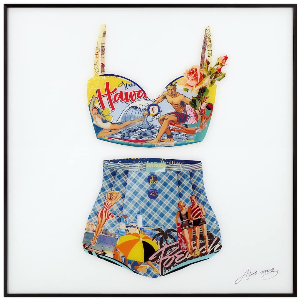 "Hawaiian Beach" Reverse Printed Art Glass Collection Minimally Framed with Black Anodized Aluminum