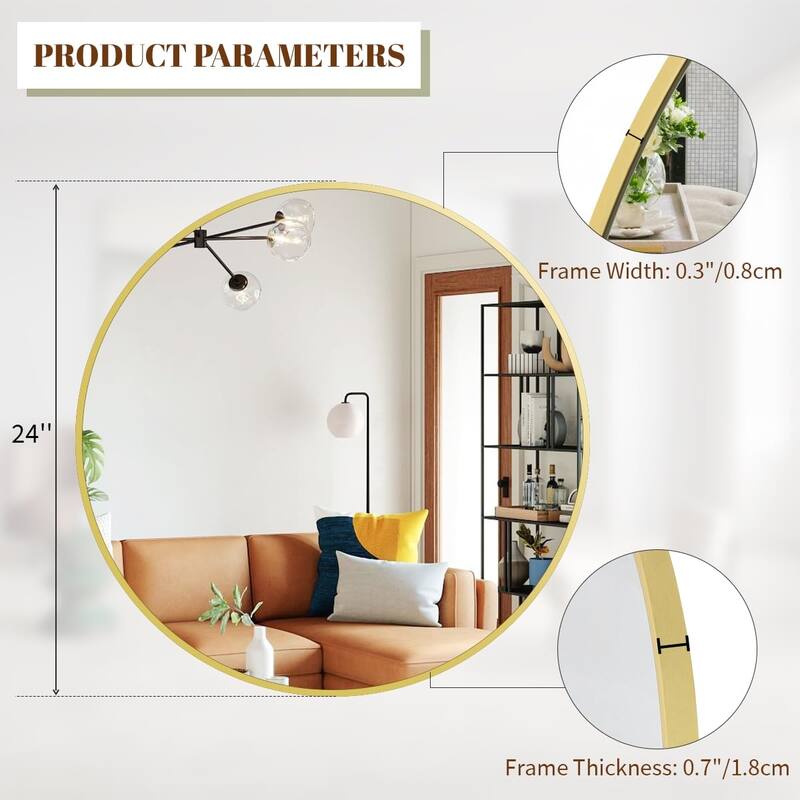 HOMLUX 24 Inch Round Wall Mirror with Gold Aluminum Alloy Frame Vanity Bathroom Mirrors for Over Sink Wall