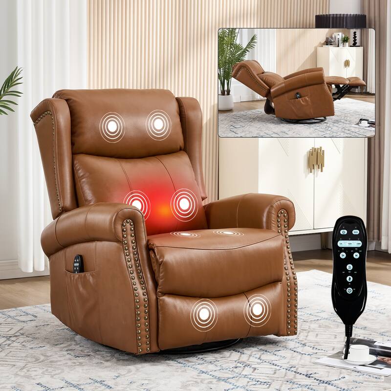 RoomfittersLeather Manual Swivel Rocker Recliner Chair with Heat and Massage Glider Lounge Sofa for Living Room