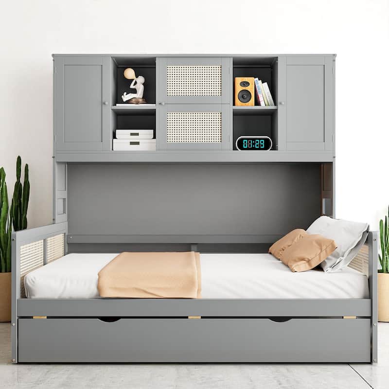 Wooden Twin/Full Daybed with Trundle Bed, Storage Shelves and Cabinet, No Box Spring Required, Rattan Design