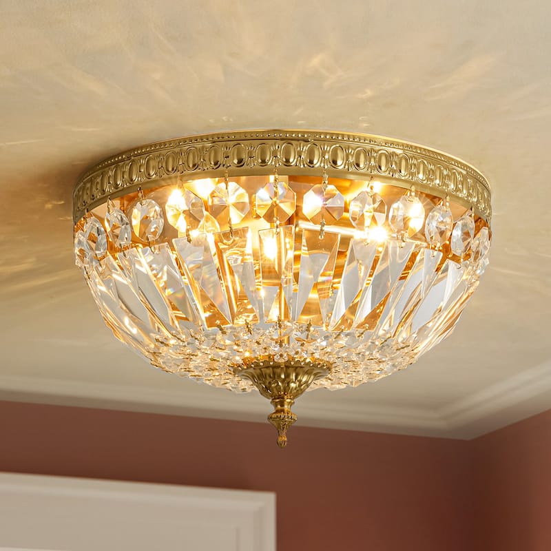 13 in. Industrial Vintage Brushed Brass Cone Crystal Flush Mount - 12.9 in. W x 8.07 in. H - 12.9 in. W x 8.07 in. H - Brushed Brass