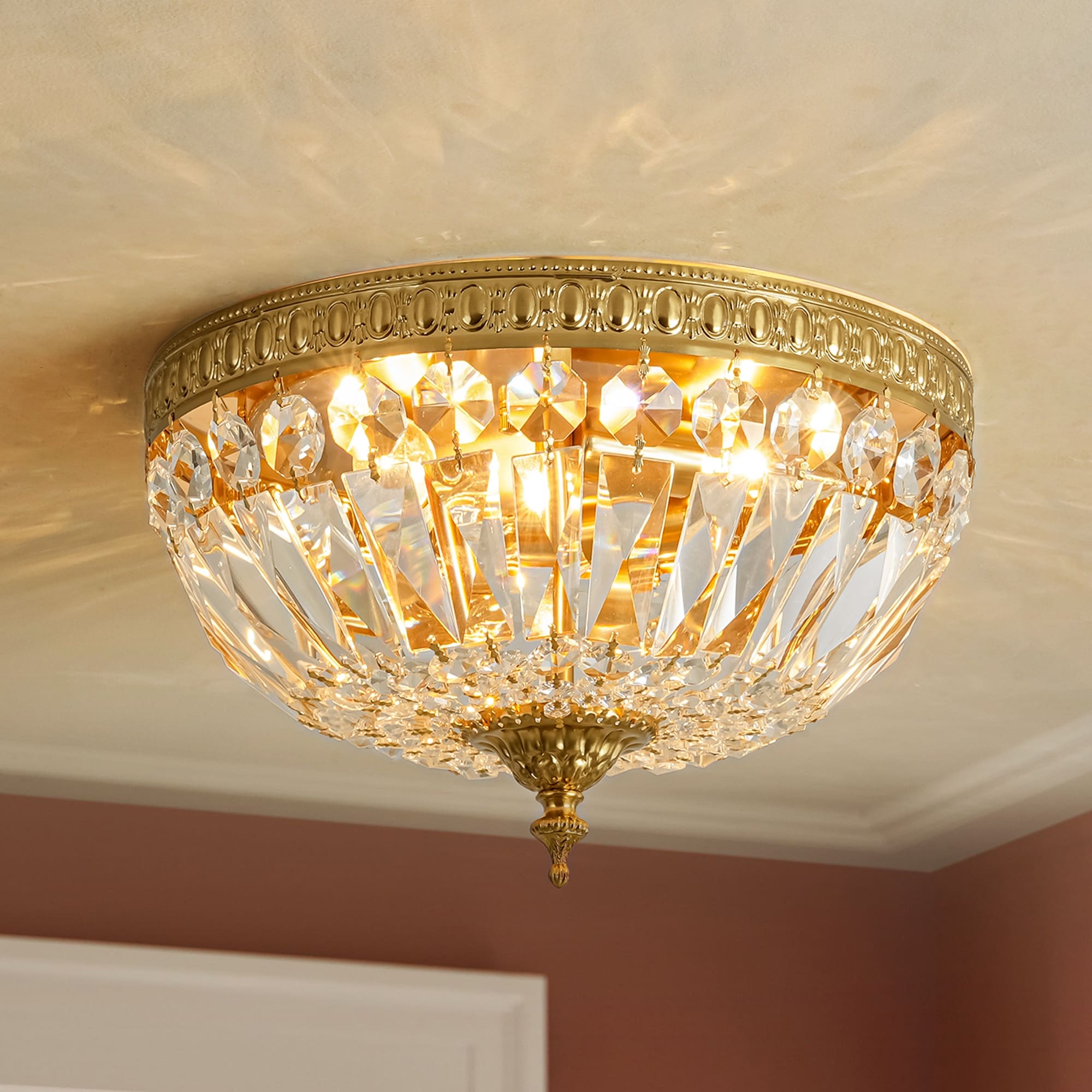 Rennnsan 12.9 in. 3-Light Vintage Brushed Brass Cone Crystal Flush Mount Ceiling Light - 12.9 in. W x 8.07 in. H