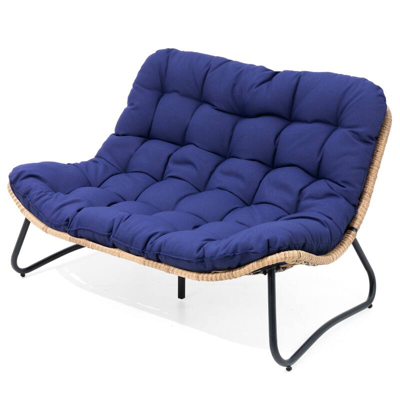Double Papasan PE Rattan Chair Loveseat with Cushion For Indoor Outdoor