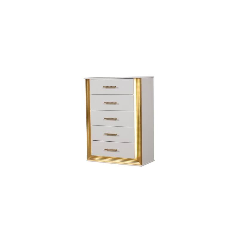 Obsession Contemporary Style 5-Drawer Chest Made with Wood & Gold Finish - White