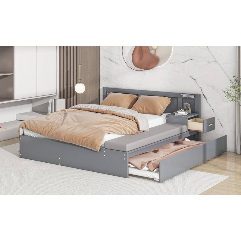 Full Size Wood Storage Hydraulic Platform Bed with Twin Size Trundle, Side Table and Lounge