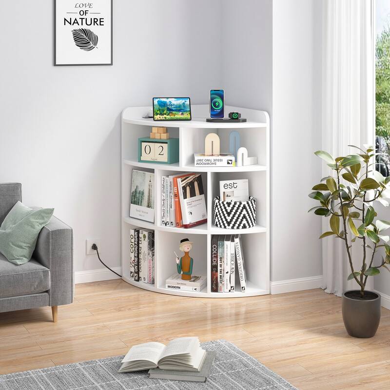 VECELO Corner Cabinet with Charging Station or No Charging Station 3-Tier Bookcase Storage Organizer Triangle Corner Bookcases