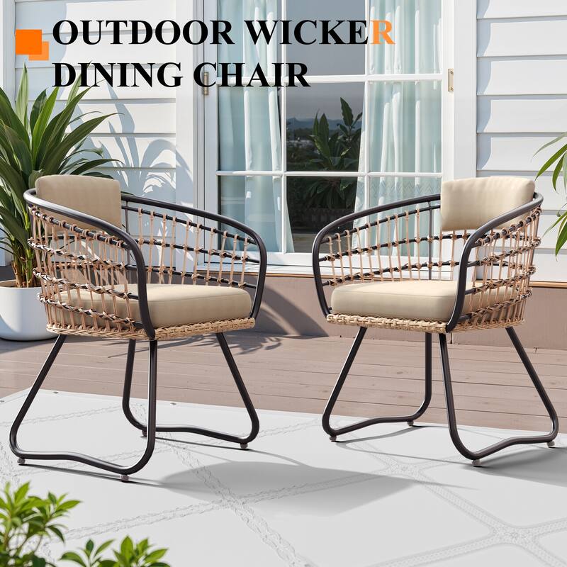 7-Piece Outdoor Patio Dining Set Wood-Like Table Top Alumium Umbrella Hole Table with Rattan Chairs