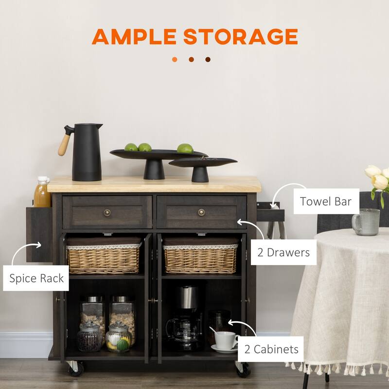 Modern Kitchen Island with 2 Drawers, 2 Hidden Cabinets, 1 Towel Rack and 1 Spice Rack, for Kitchen, Brown Oak