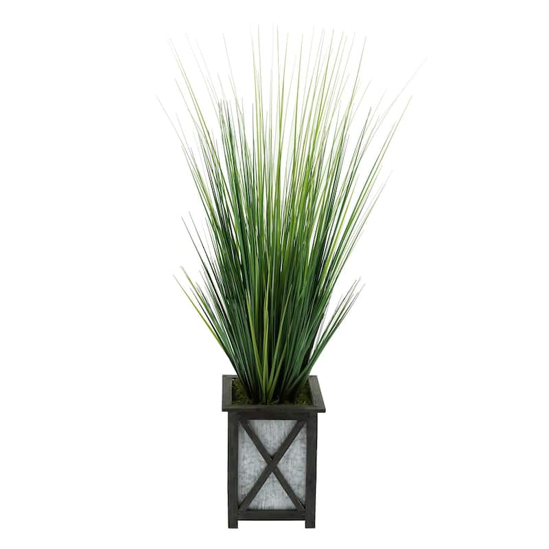 Faux PVC Grass in Short Wood/ Metal Planter