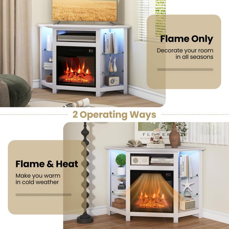 Electric Fireplace Corner TV Stand with LED Lights and Adjustable Glass Shelves - 45" x 22" x 30"