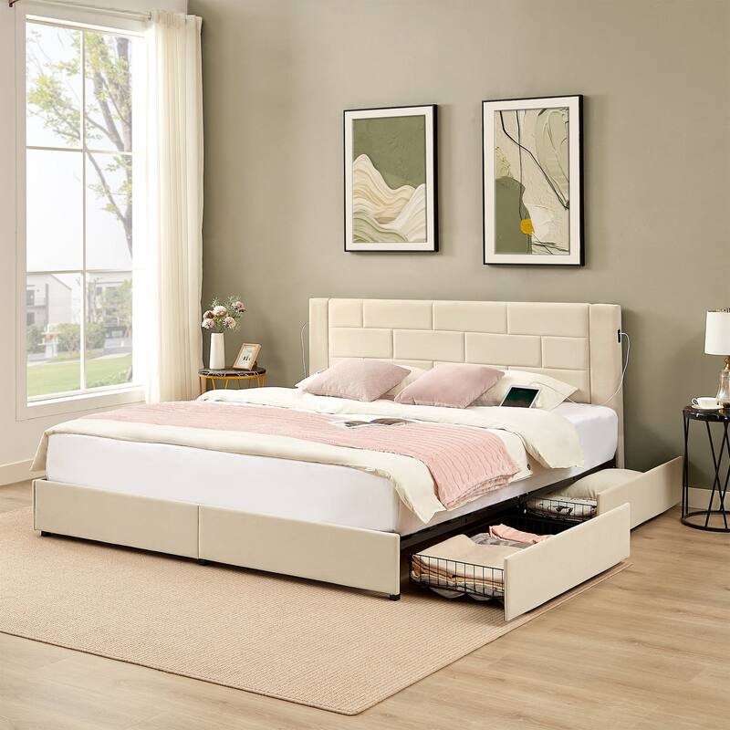 VECELO Upholstered Storage Bed Frame with 2 Side USB Ports and 4 Big Space Drawers, Velvet Headboard and Charging Station-Ports