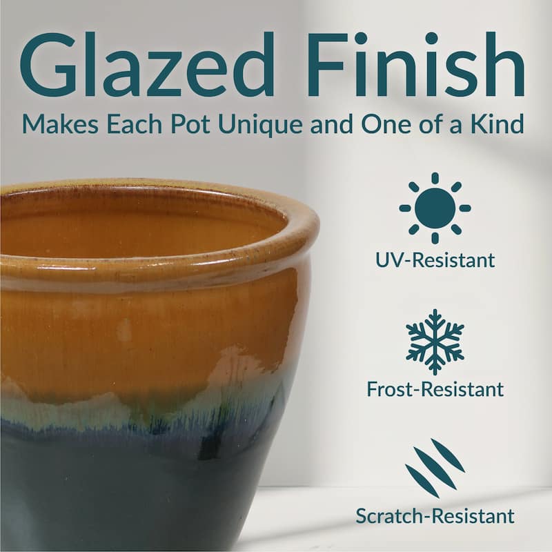 Sunnydaze Set of 2 Chalet Glazed Ceramic Planter - Forest Lake Green - 12-Inch