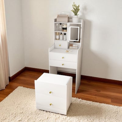 3-in-1 Makeup Vanity with LED Mirror, Storage Stool, 4 Drawers, Cabinet & Bookshelf, White Dressing Table for Bedroom