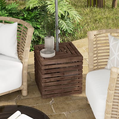 Outsunny 2-in-1 Outdoor Storage Box for Umbrella Base, Coffee End Table, Wooden Patio Umbrella Stand Table