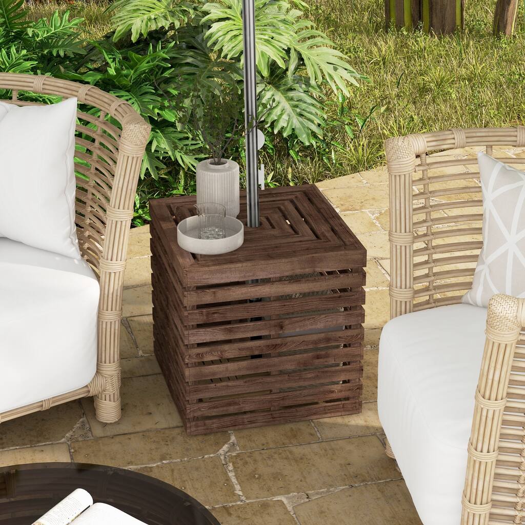 Outsunny 2-in-1 Outdoor Storage Box for Umbrella Base, Coffee End Table, Wooden Patio Umbrella Stand Table