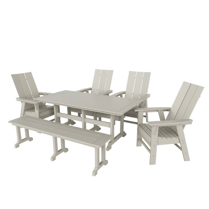 Shoreside 6-Piece Rectangular Poly Eco-Friendly All Weather Outdoor Dining Set with Bench - Sand