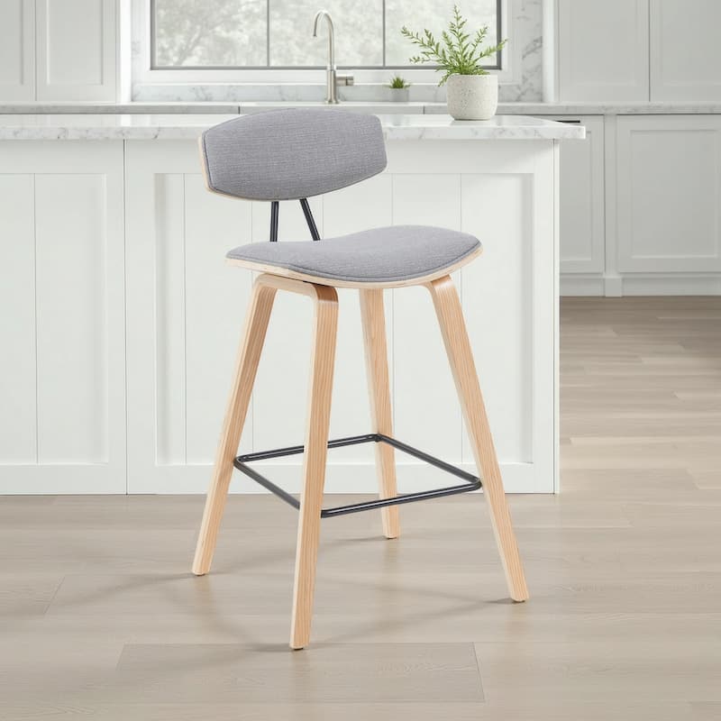 Fox Mid-Century Bar Stool, Upholstered Counter Height Chair with Bentwood Legs - Set of 3 - Grey Fabric & Oak - Counter Height