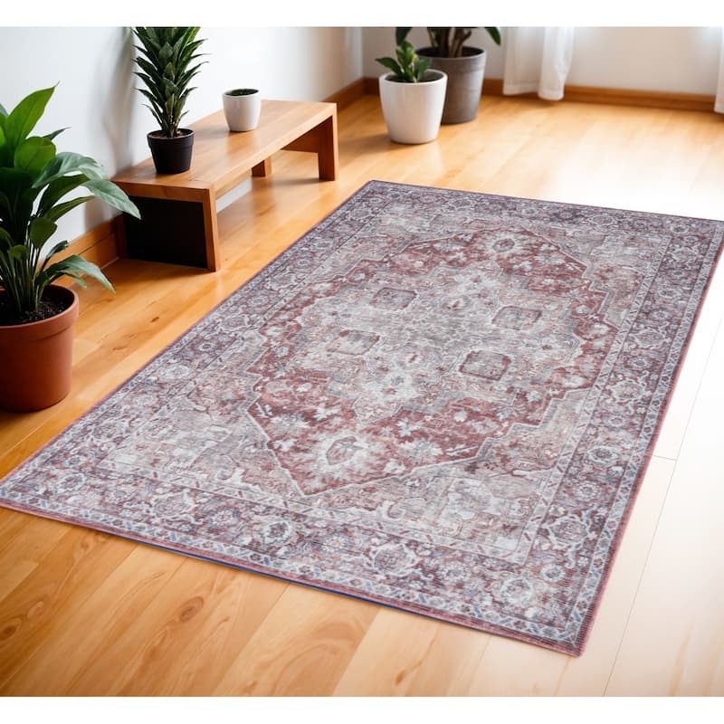 Civaz Power Loomed Distressed Floral Area Rug By HomeRoots - 72' X '48' X '0.28 - 72' X '48' X '0.28 - Gray and Red - Rectangle