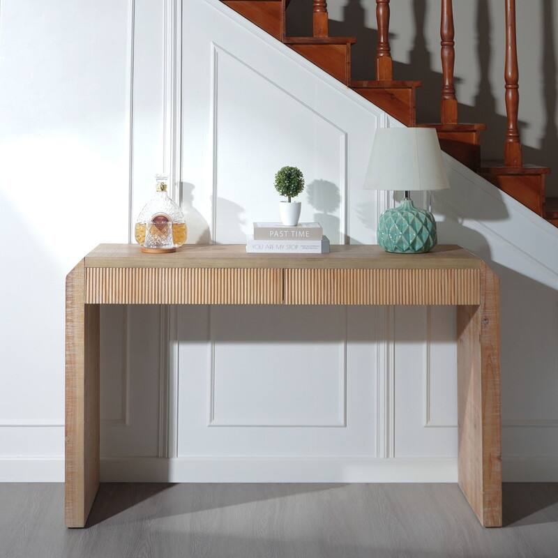 Rustic Wooden Console Table with Drawer - Minimalist Design, Ribbed Texture, and Natural Finish