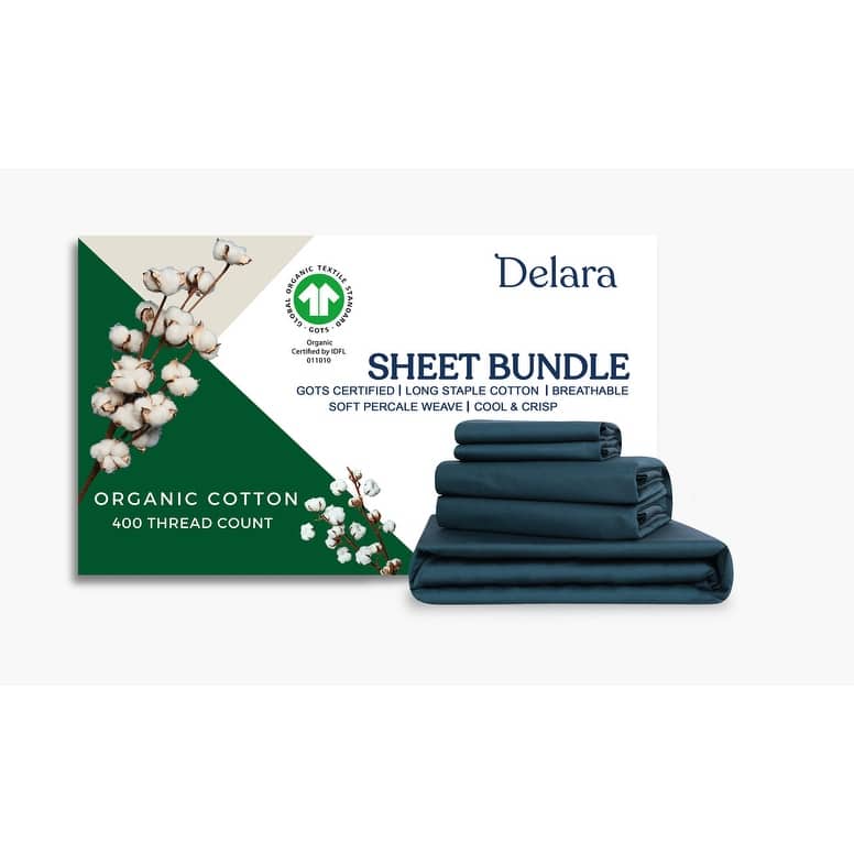 Delara GOTS Certified 100% Organic Cotton Percale Bedding Bundle, Ultra Soft Silky, Moisture-Wicking