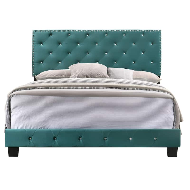 Suffolk Velvet Upholstered Jewel Accent Tufted Nailhead Panel Bed