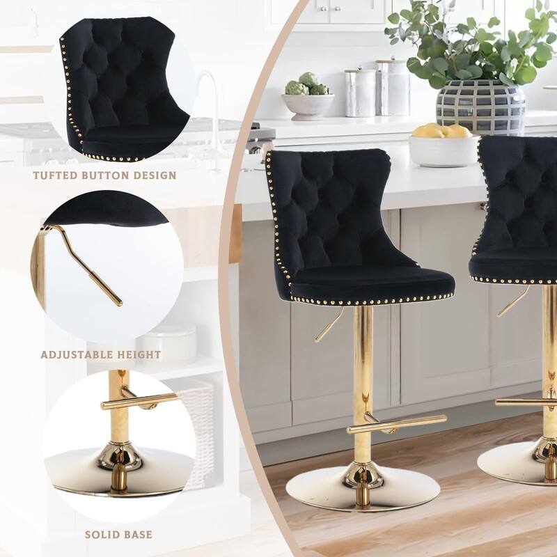 Velvet Upholstered Nailheads Tufted Swivel Bar Stools (Set of 2)