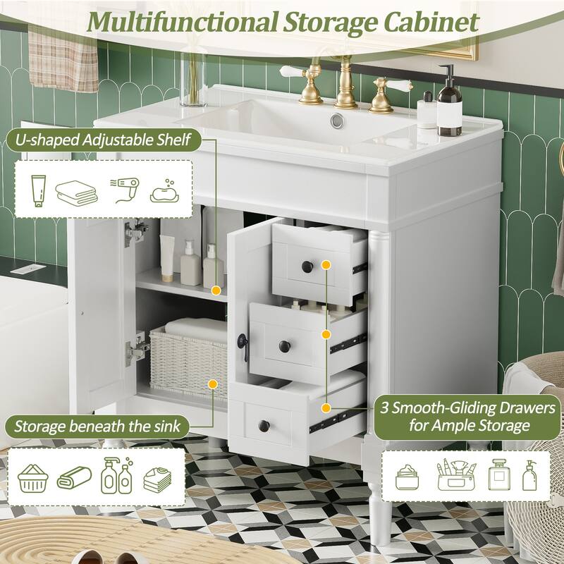 30" Elegant Bathroom Vanity Set with Ceramic Sink - Solid Wood & MDF, 2 Doors & 3 Drawers, Soft-Close, Adjustable Shelf
