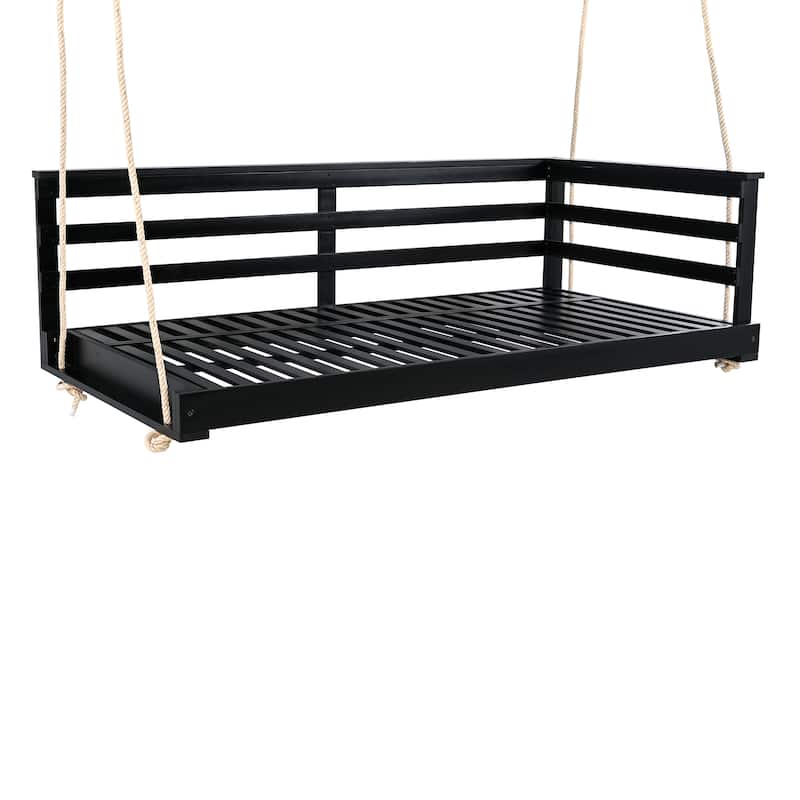 Patio Wood Twin Size Swing with Hemp Ropes (No Cushion,Pillow)