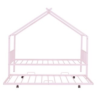 Twin Size Metal House Bed with Twin Trundle & Slats, Kids Bed Frame with Headboard and Footboard, for Kids, Girls, Boys, Pink