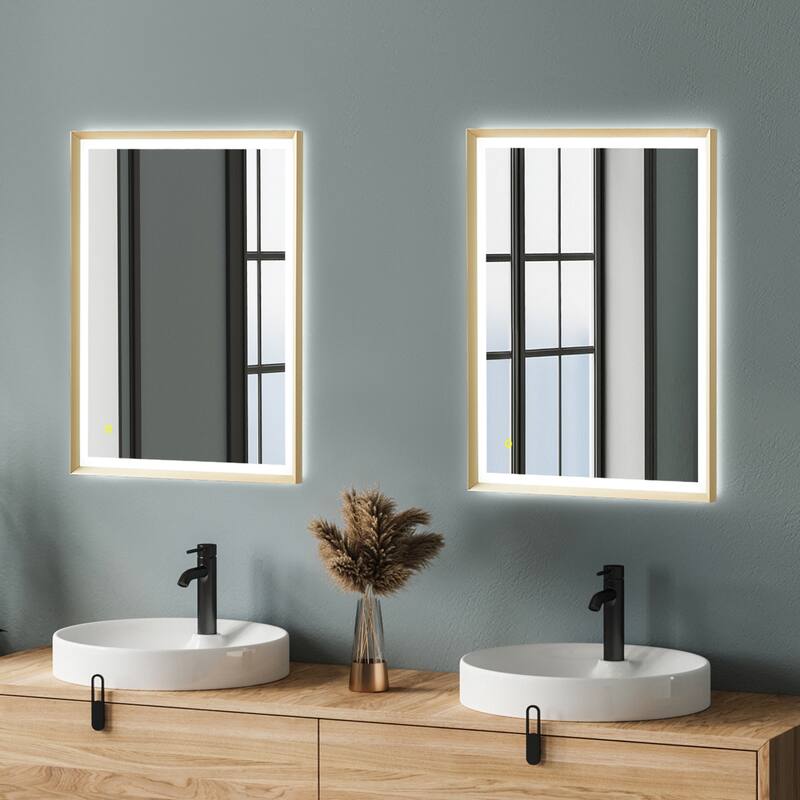 Apollo Rectangular Anti-Fog Dimmable Modern Bathroom/Vanity LED Lighted Wall Mirror in Brushed Gold Aluminum Framed