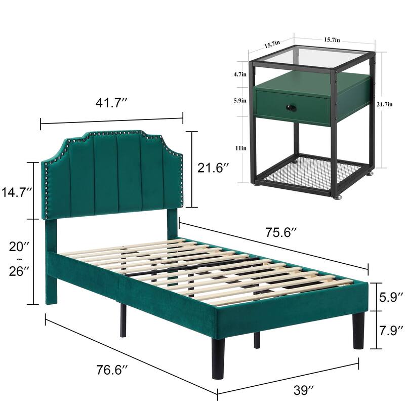 Bedroom Sets, 15 Style Options, 3-pieces Bedroom Set with Height Adjustable Upholstered Bed and Nightstands Set of 2-VECELO