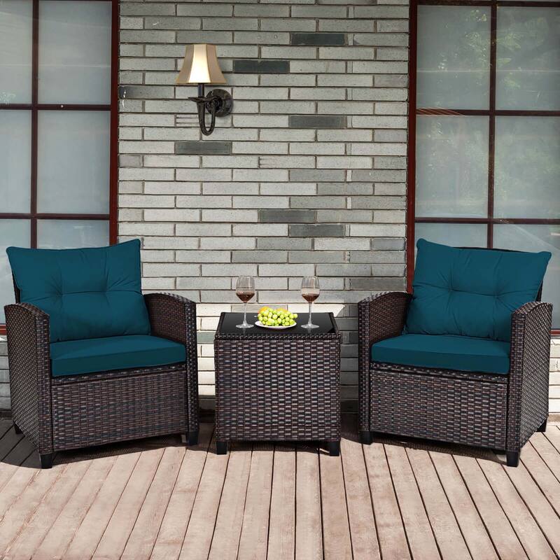 Costway 3PCS Patio Rattan Furniture Set Cushioned Conversation Set - See Details - Blue