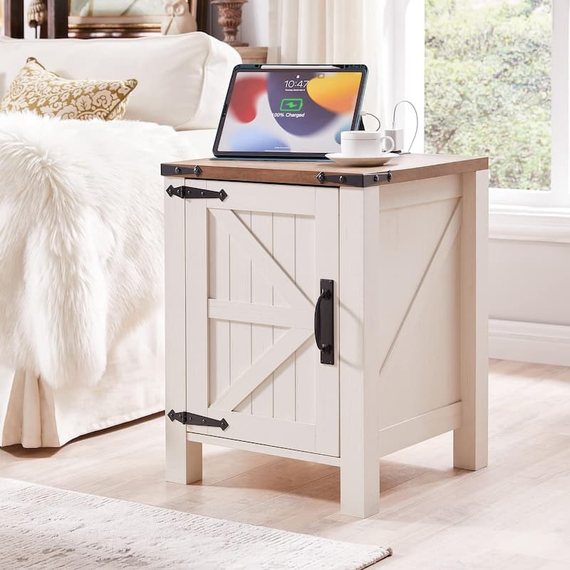 Farmhouse Wood Nightstand with Charging Station, End Table, Side Table - Antique White