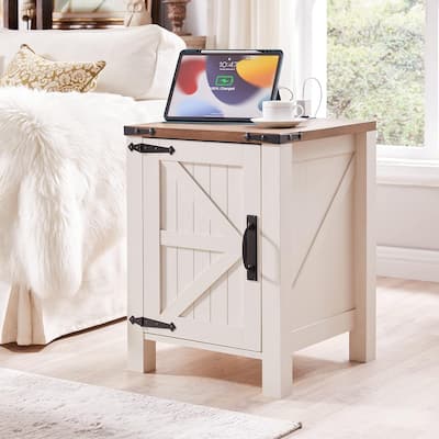 Farmhouse Wood Nightstand with Charging Station, End Table, Side Table