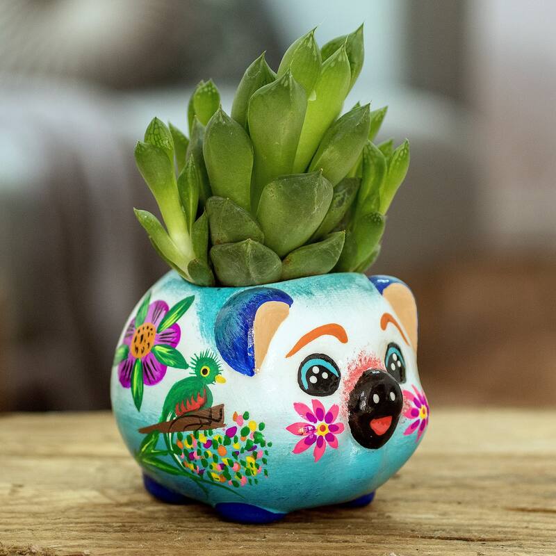 Novica Handmade Herbaceous Piglet Ceramic Mini Flower Pot