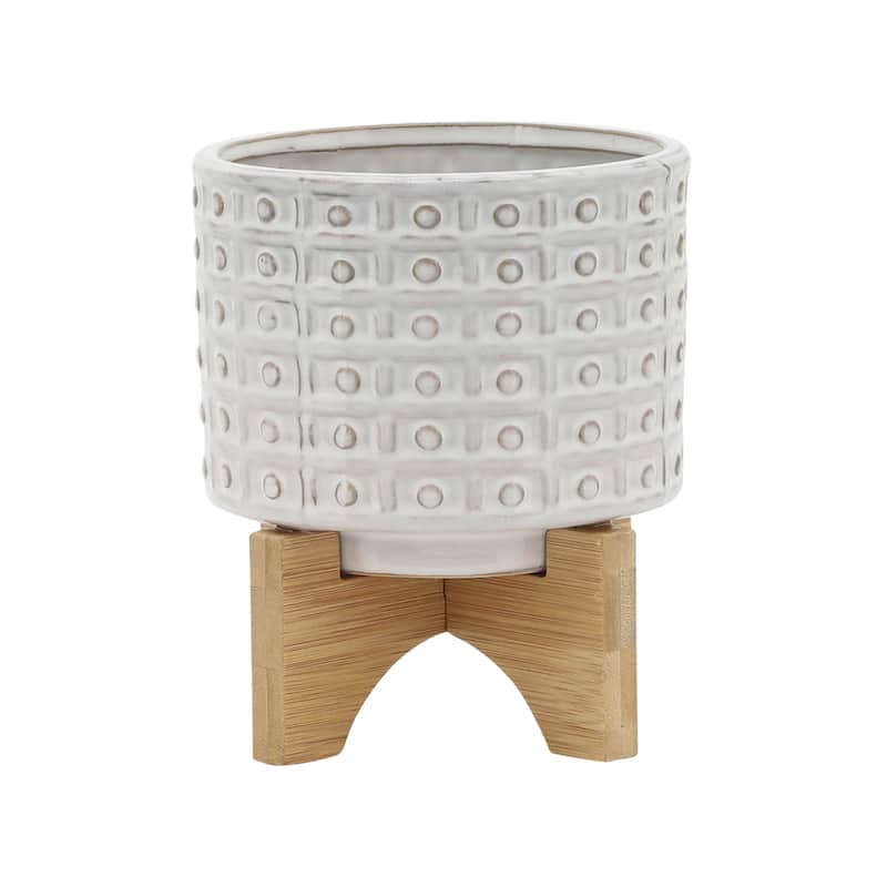 Sagebrook Home Handmade Ceramic Planter Pot with Natural Wood Stand - 6"x6"x8" - Ivory/beige