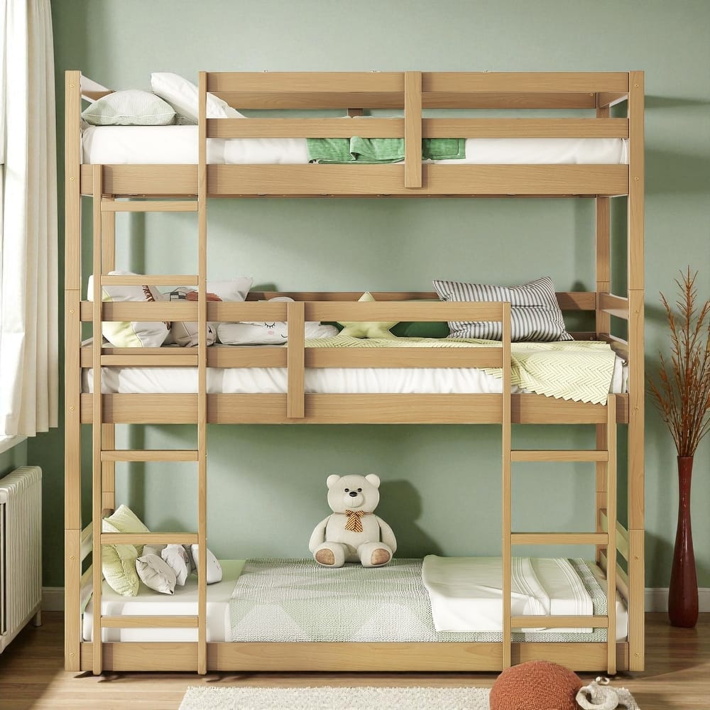 Twin Over Twin Over Twin Rubber Wood Triple Bunk Bed with Guardrails and Two Built-in Ladders, Detachable 3-Tier Bed Frame