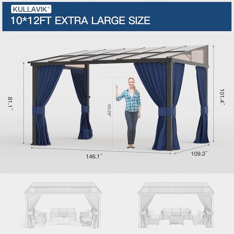 Wall Mounted Gazebo, Hardtop Permanent Outdoor Shade Canopy with Curtains for Deck, Backyard, Patio