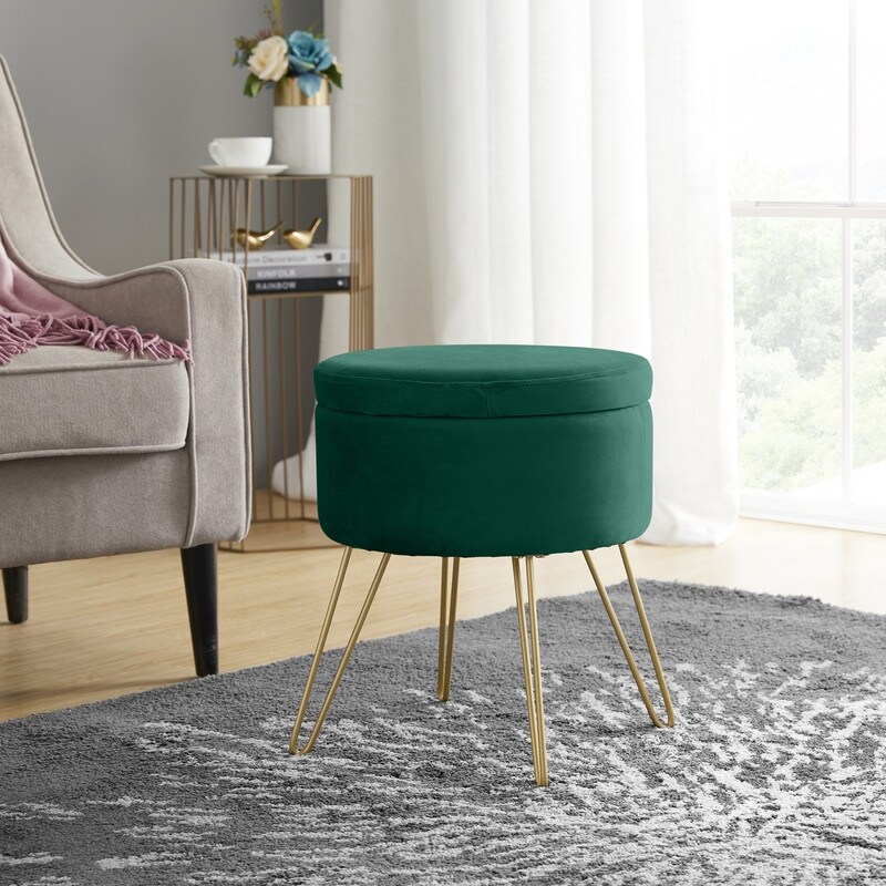 Round Velvet Storage Ottoman with Tray Top Table