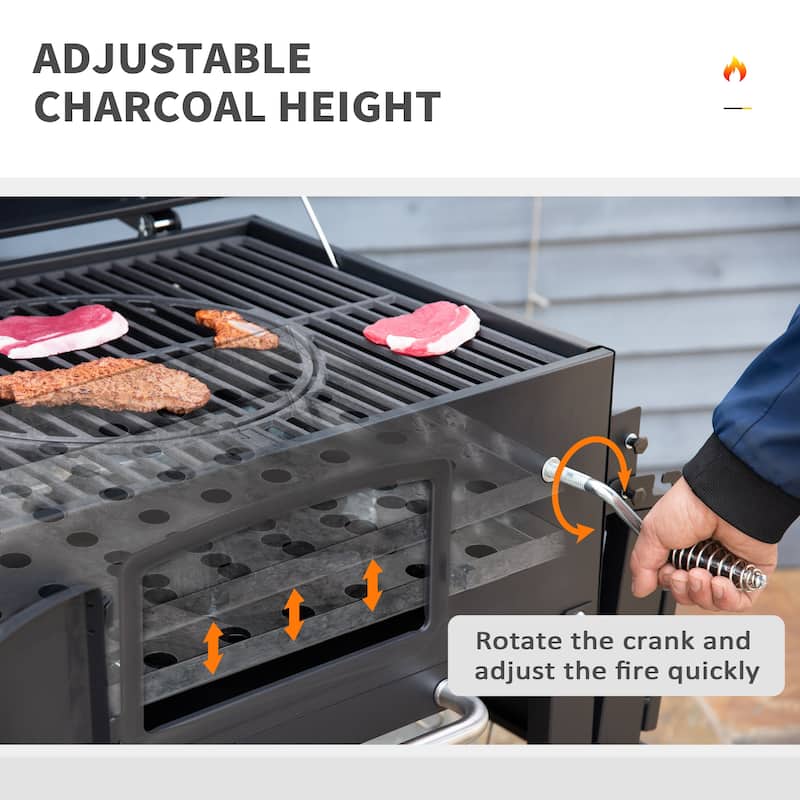 Outsunny Charcoal Grill BBQ with Adjustable Charcoal Height, Portable Barbecue Smoker with Folding Shelves, Thermometer