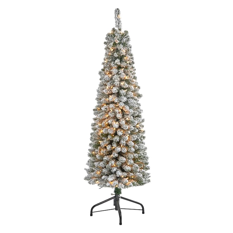 5’ Pre-Lit Pencil Flocked Artificial Christmas Tree, Clear LED Lights - 5 Foot