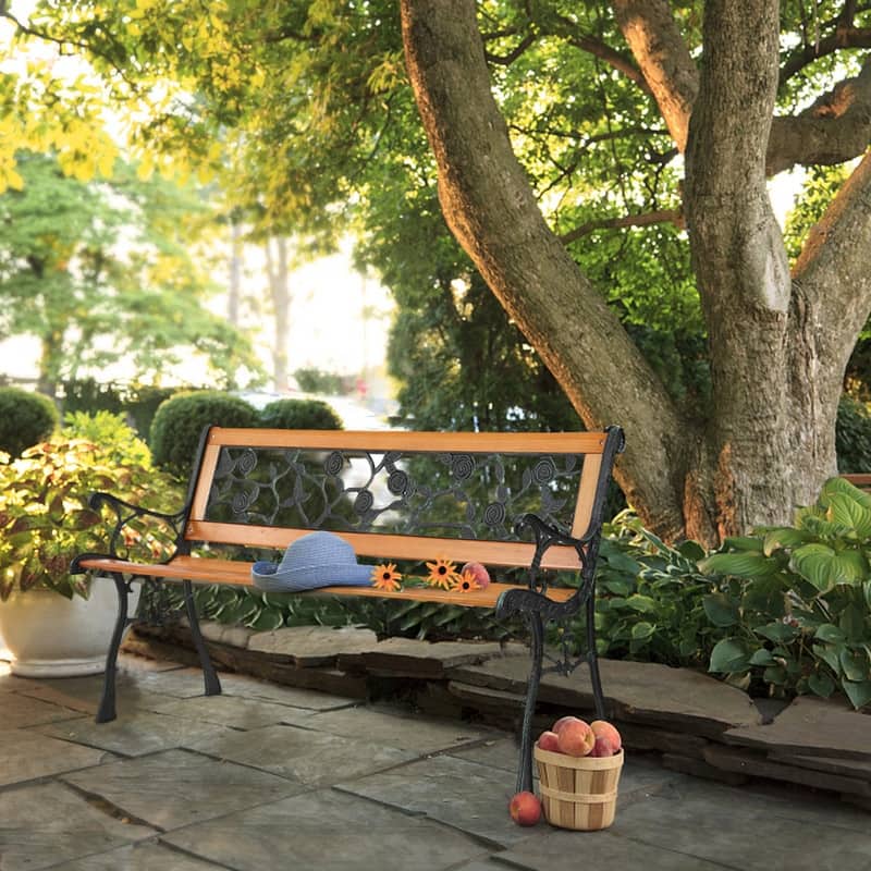 49" Garden Bench Patio Porch Chair Deck Hardwood Cast Iron Love Seat