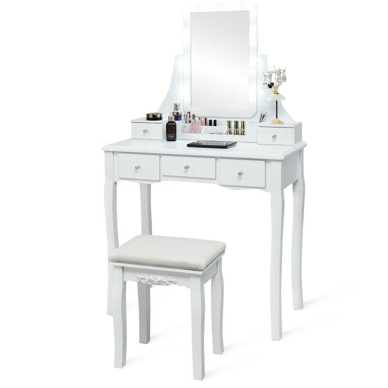 Gymax Vanity Dressing Table Set w/Removable Box &10 Dimmable Bulbs