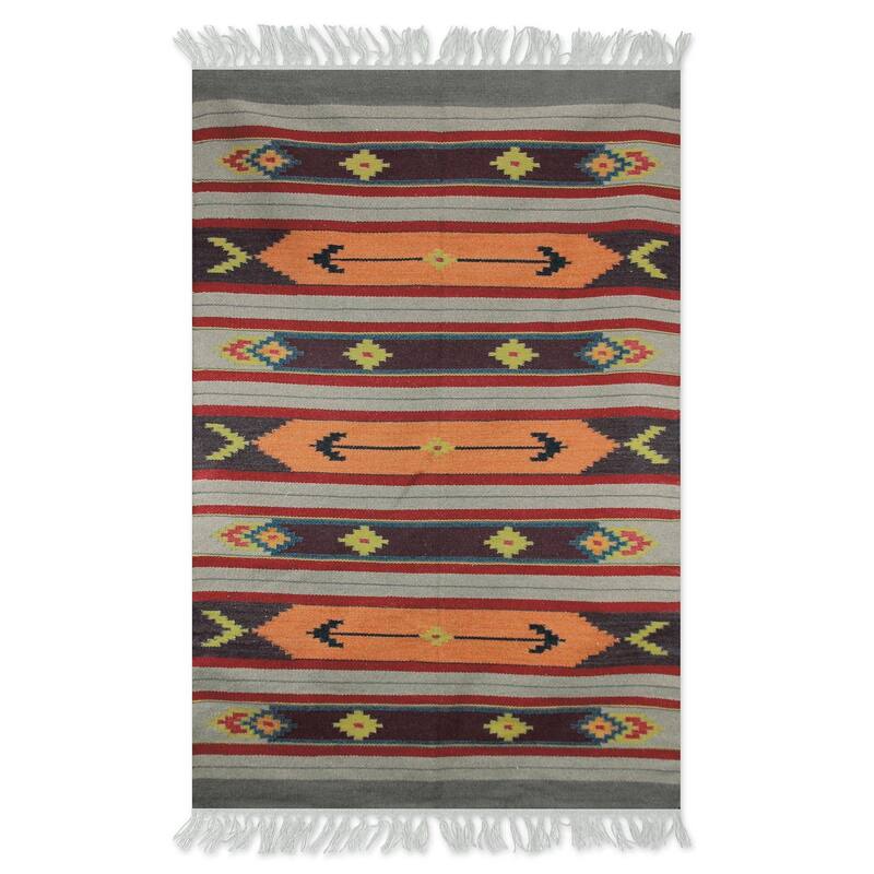 Handmade Violet Splendor Wool dhurrie rug (India ) - Big