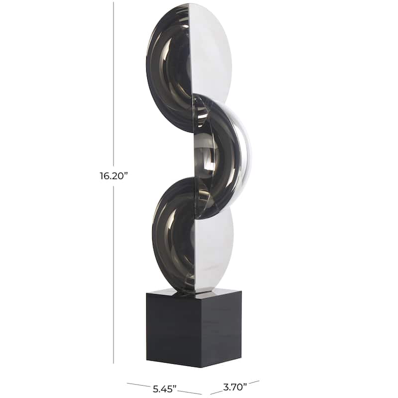 Dark Gray Crystal Quartered Stacked Orbs Geometric Decorative Sculpture with Square Black Base